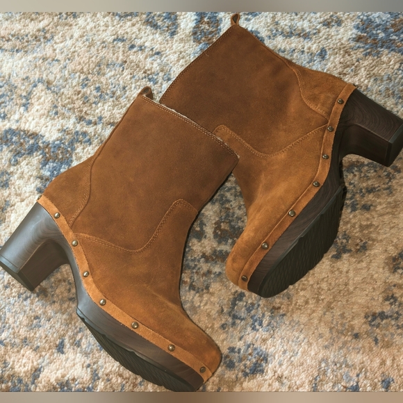 Clarks Shoes - Clark’s Ledella Abby Suede Studded Platform Wood Heel Booties